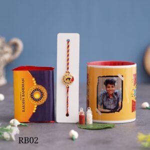 Zupppy Customized Gifts Personalized Red Handle Mug, Peacock Rakhi, Roli Chawal, and KitKat