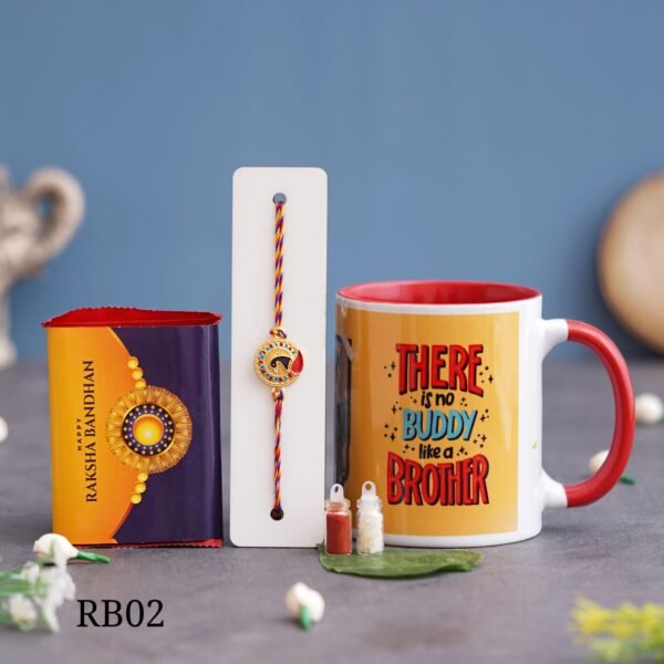 Zupppy Customized Gifts Personalized Red Handle Mug, Peacock Rakhi, Roli Chawal, and KitKat