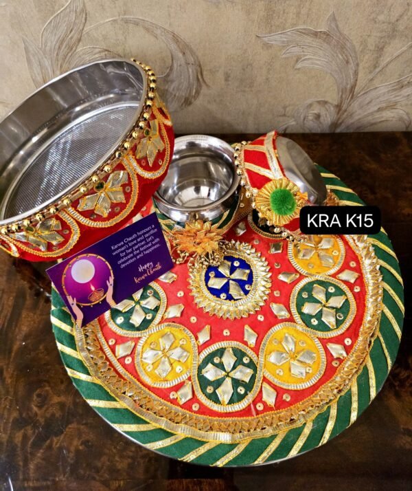 Zupppy Candle Premium Karwa Chauth Full Gotapatti Thali Set with Chalni, Katori & Karwa