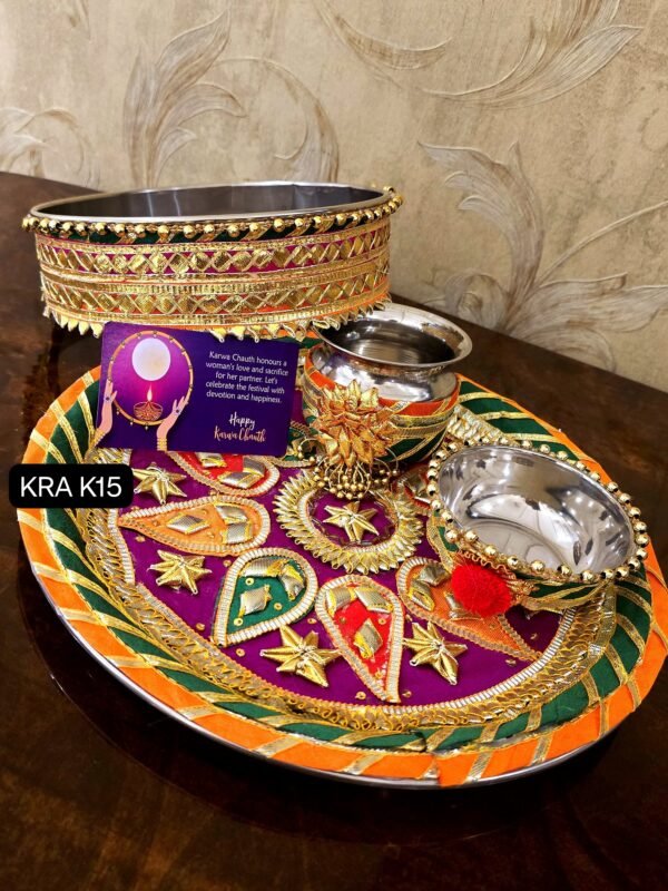 Zupppy Candle Premium Karwa Chauth Full Gotapatti Thali Set with Chalni, Katori & Karwa