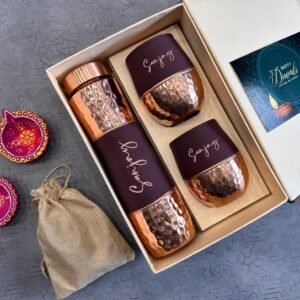 Zupppy Customized Gifts Symbiosis Diwali Gift Set – Copper Bottle, Glasses, Diyas, and Dry Fruits | Corporate Gift Hamper | Customized Diwali Gift Hampers