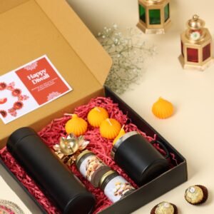 Zupppy Customized Gifts Customizable Diwali Hamper with Flask, Brass Diya, Modak Candles & Dry Fruits – Perfect for Gifting