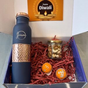 Zupppy Bottle Vistara Diwali Gift Set – Customizable Copper Bottle, Dry Fruits, Ladoo Candles in Festive Box