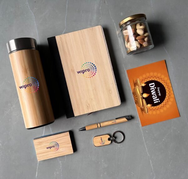 Zupppy Customized Gifts Eco-Friendly Bamboo Set 5.0 with Custom Logo – Bamboo Flask, Diary, Card Holder, Keychain, Pen & Dry Fruits