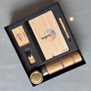 Zupppy Customized Gifts Eco-Friendly Bamboo Set 5.0 with Custom Logo – Bamboo Flask, Diary, Card Holder, Keychain, Pen & Dry Fruits