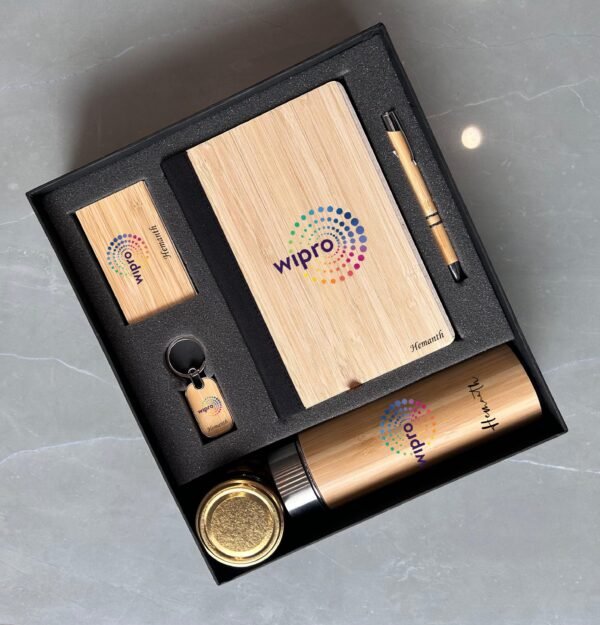 Zupppy Customized Gifts Eco-Friendly Bamboo Set 5.0 with Custom Logo – Bamboo Flask, Diary, Card Holder, Keychain, Pen & Dry Fruits