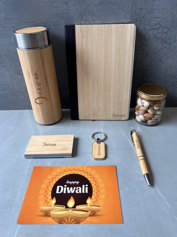 Zupppy Customized Gifts Eco-Friendly Bamboo Set 5.0 with Custom Logo – Bamboo Flask, Diary, Card Holder, Keychain, Pen & Dry Fruits