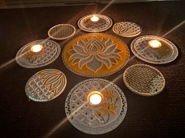 Zupppy Customized Gifts Handmade Lippan Art Rangoli with Mirror and Pichwai Work – 9-Piece Set for Diwali Decor and Tealight Candle Holder