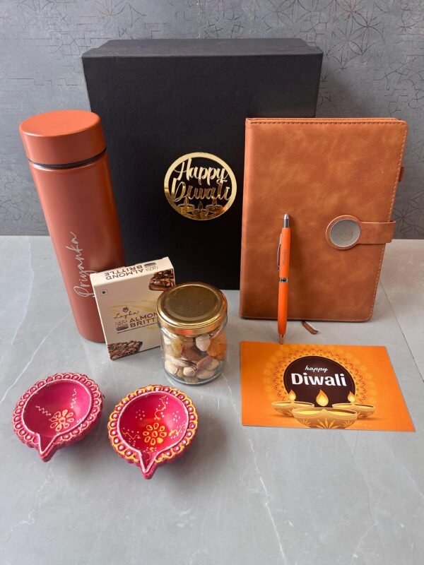 Zupppy Bottle Customized Diwali Gift Hamper with Logo – Corporate Gift Set with Dry Fruits, Bottle, Almond Brittle & Diyas