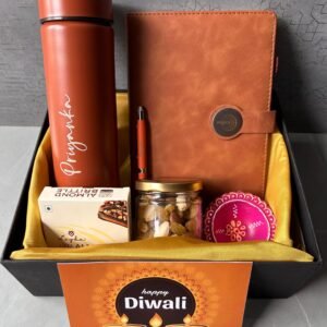 Zupppy Bottle Customized Diwali Gift Hamper with Logo – Corporate Gift Set with Dry Fruits, Bottle, Almond Brittle & Diyas