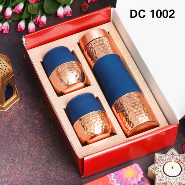 Zupppy Customized Gifts Elegant Copper Bottle Gift Set – 900 ml Bottle with Two Matching Glasses | Corporate Gifting Hampers