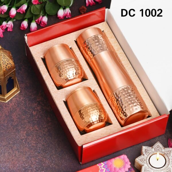 Zupppy Customized Gifts Elegant Copper Bottle Gift Set – 900 ml Bottle with Two Matching Glasses | Corporate Gifting Hampers