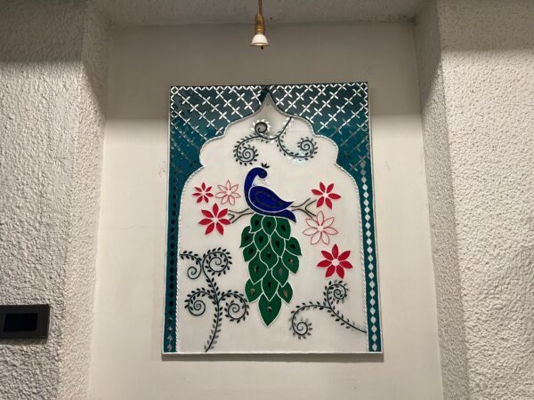 Zupppy Customized Gifts Handcrafted Pichwai-Inspired Lippan Art – Resin-Coated Peacock & Temple Wall Décor (35×27 inches)