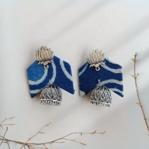 Zupppy Accessories Rainvas Indigo Blue printed Lotus charm Handmade Jhumka fabric Earrings