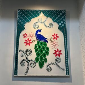 Zupppy Customized Gifts Handcrafted Pichwai-Inspired Lippan Art – Resin-Coated Peacock & Temple Wall Décor (35×27 inches)